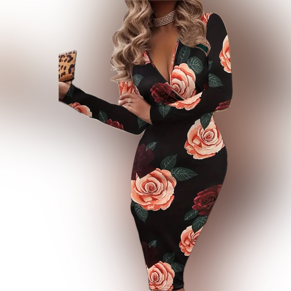 Long sleeve black floral dress